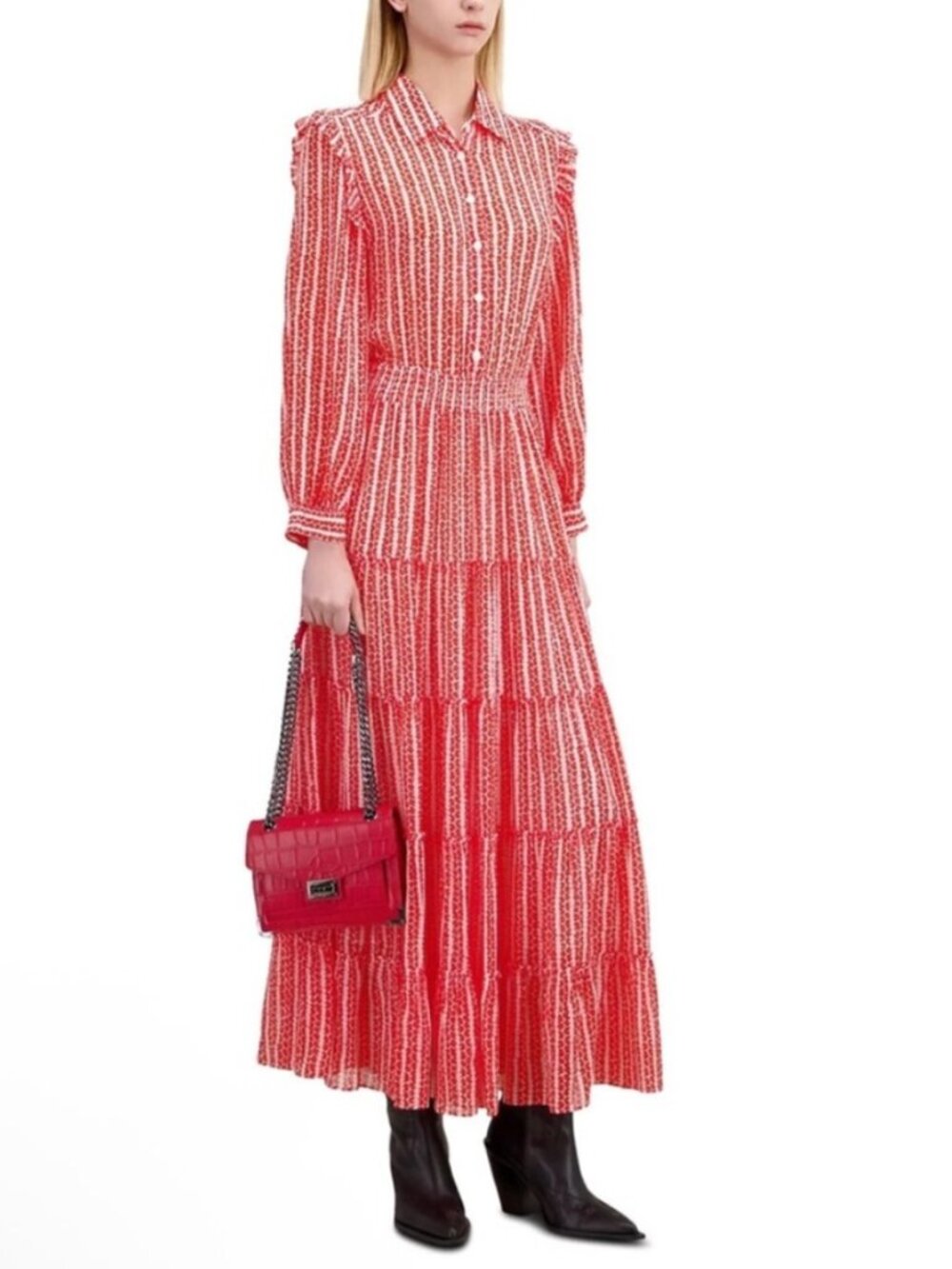 $525 NWT The Kooples Red White Floral Maxi Smocked Shirt Dress size 1/Small